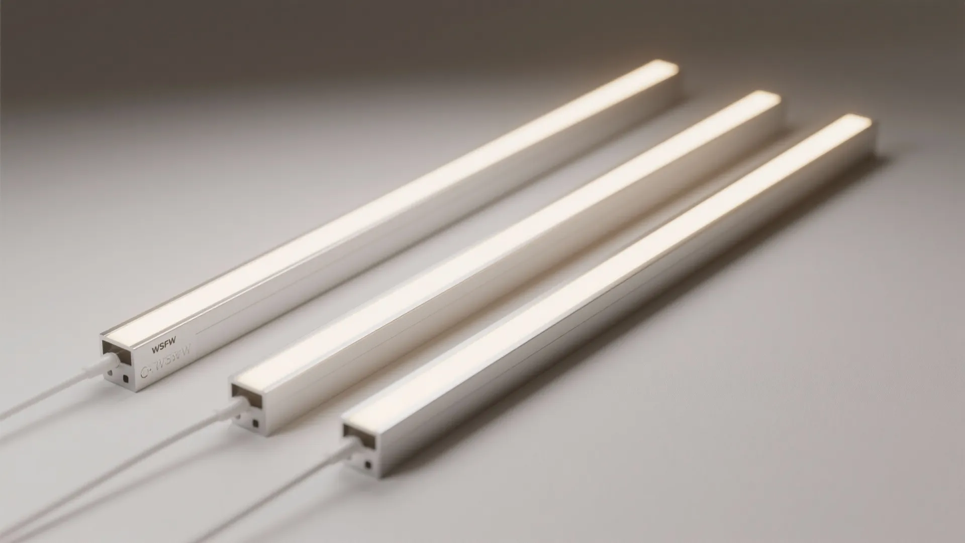 Three long white led linear light fixtures placed diagonally on a plain grey flat surface
