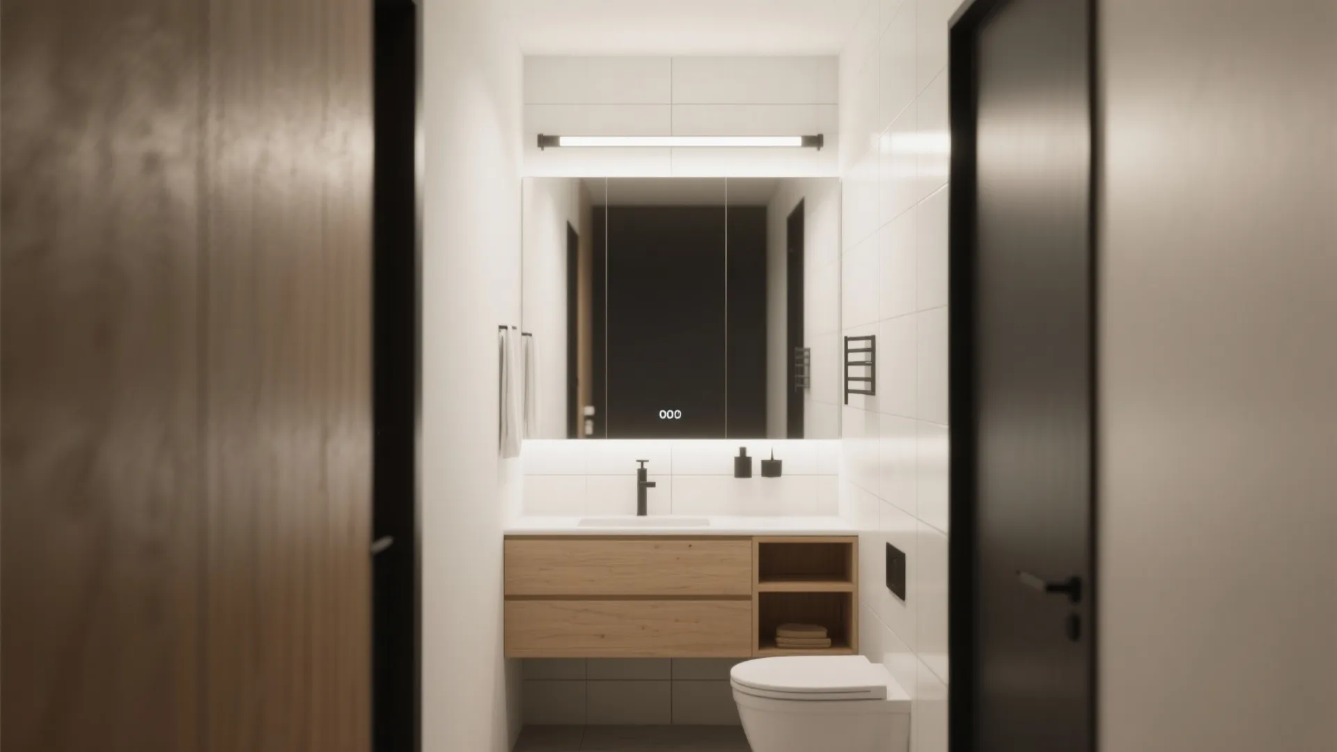 Small modern bathroom with wooden cabinet white toilet and long light fixture above the mirror
