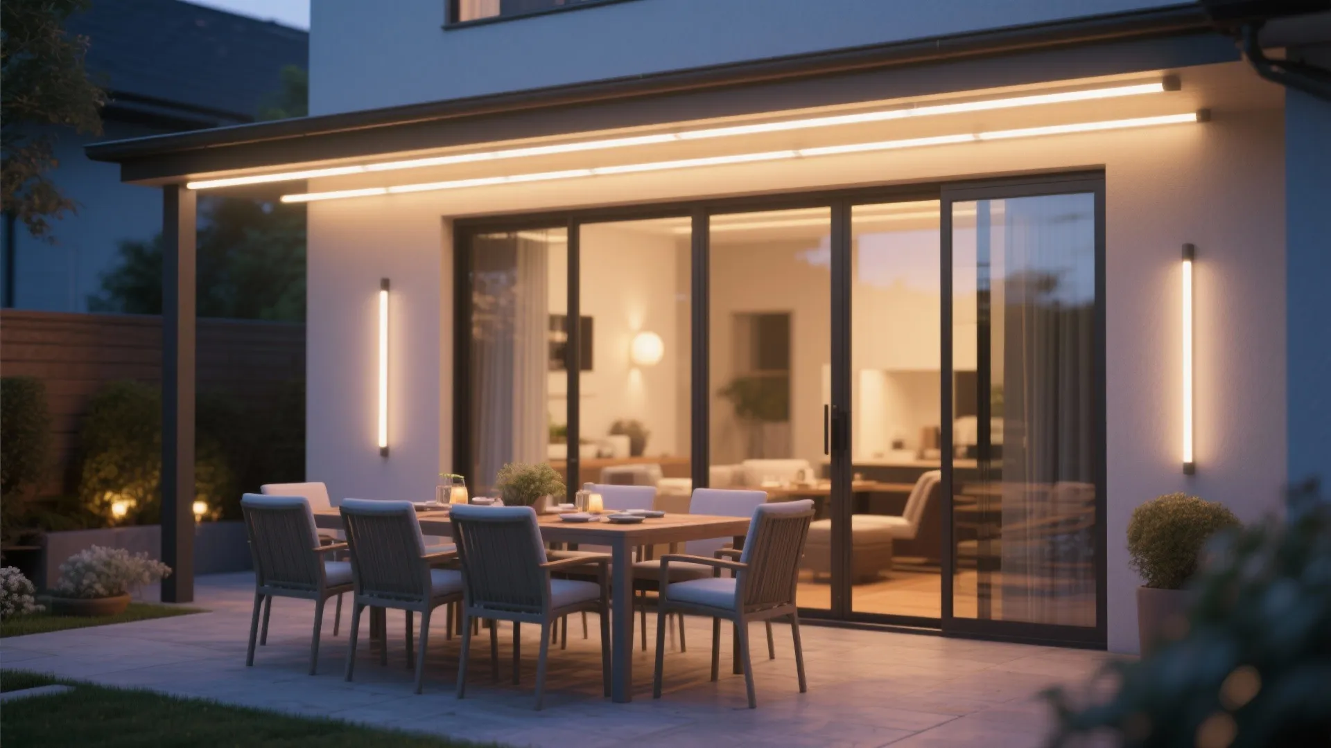 Patio framed by continuous LED up-down linear bars above sliding doors creating an even warm light ribbon.