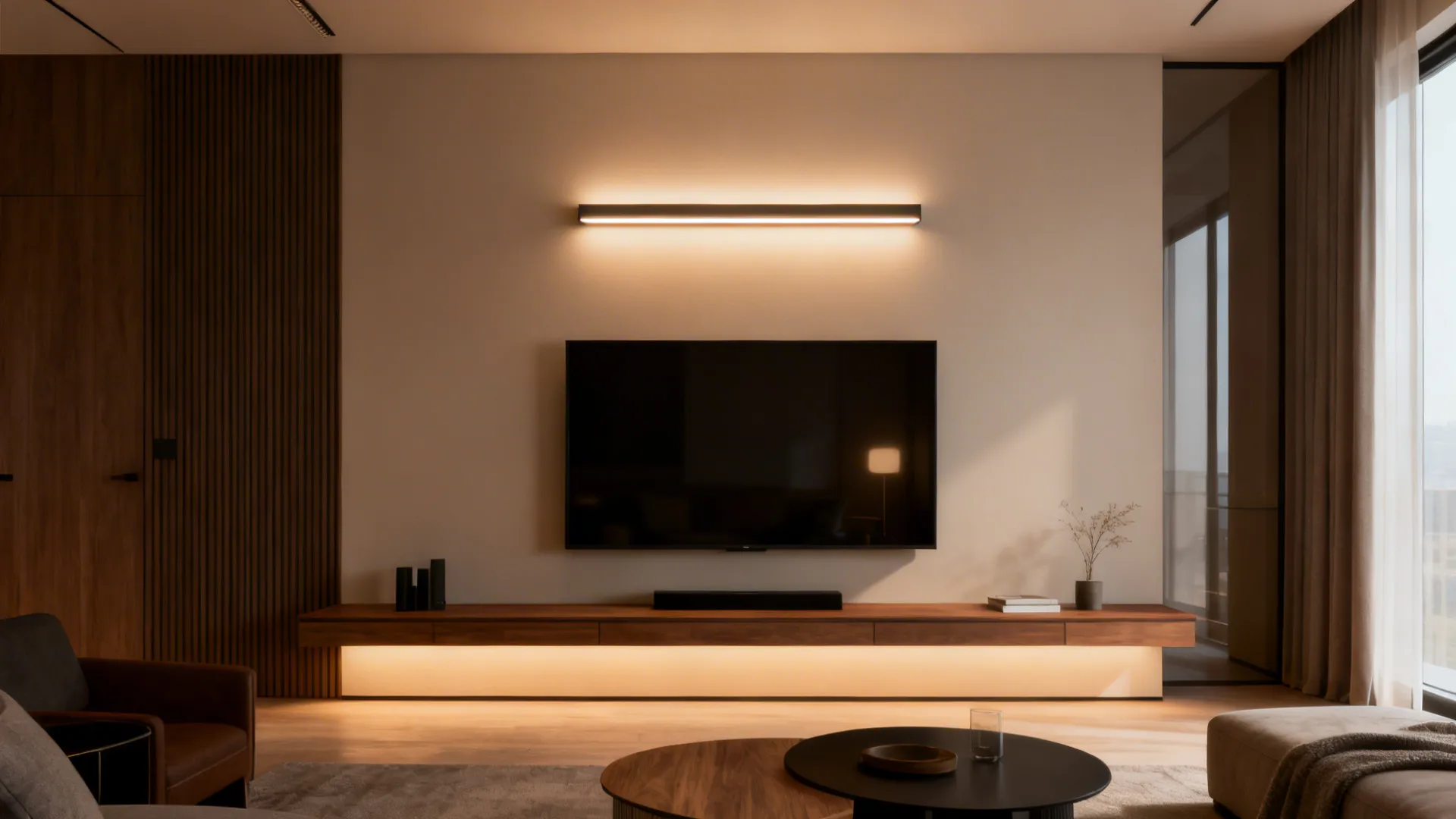 Integrated linear LED sconce casting uniform warm ambient light over a contemporary media console.
