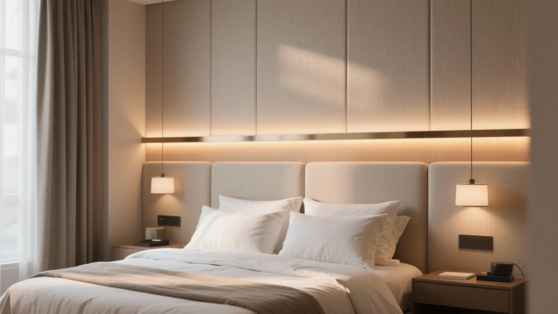 Cozy bedroom with soft wall panel featuring warm light strip above bed and hanging lights