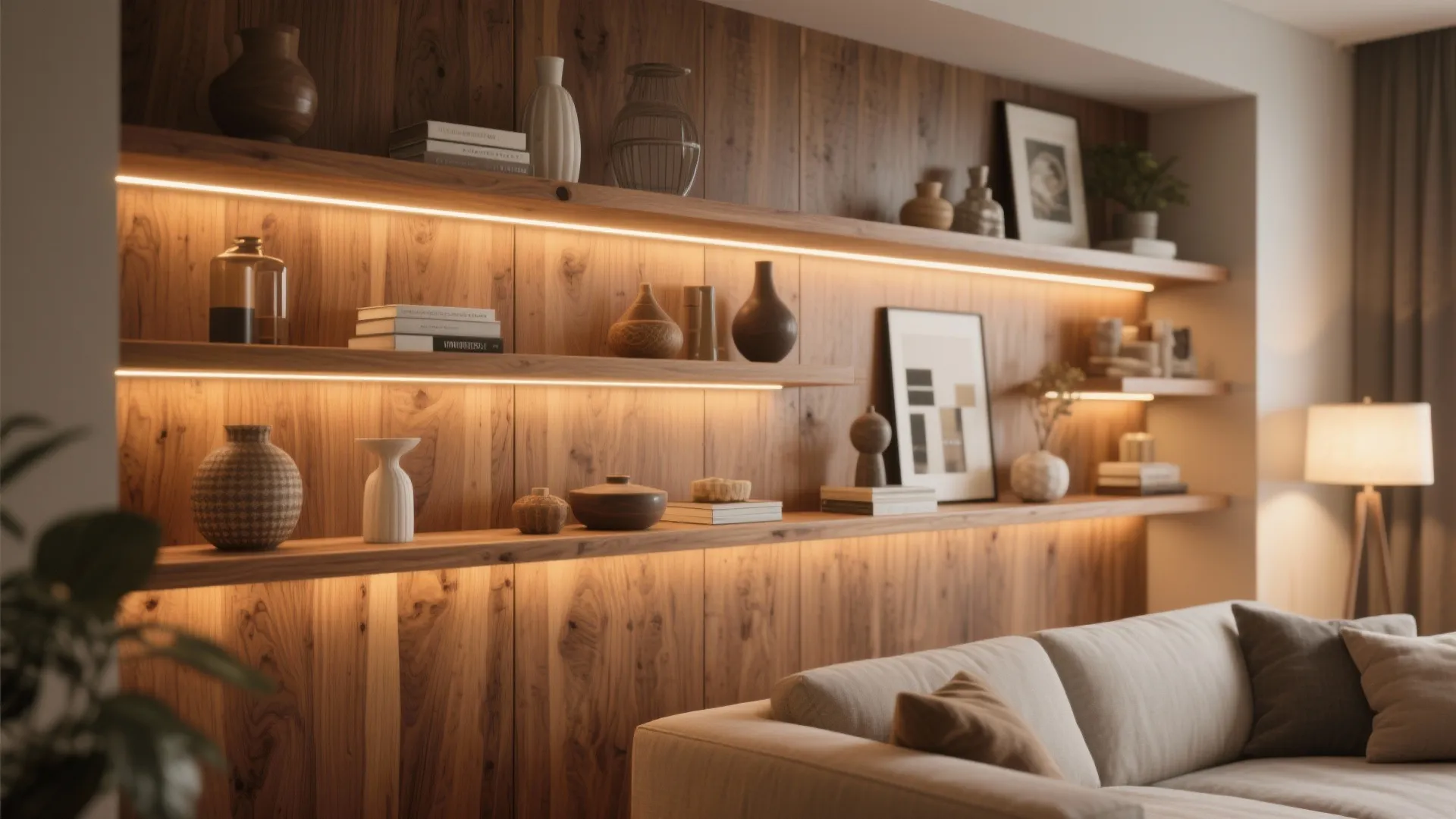 Wood wall panels with lit shelves holding books, vases, pictures behind a modern beige sofa