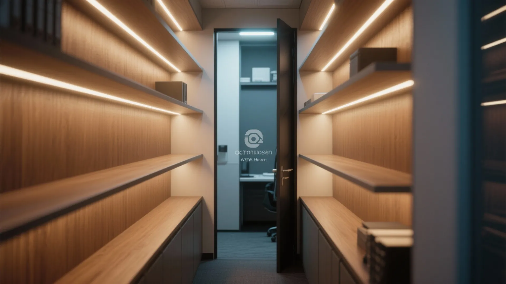 Narrow walk-in storage room featuring wooden shelves with built-in led light strips and open door