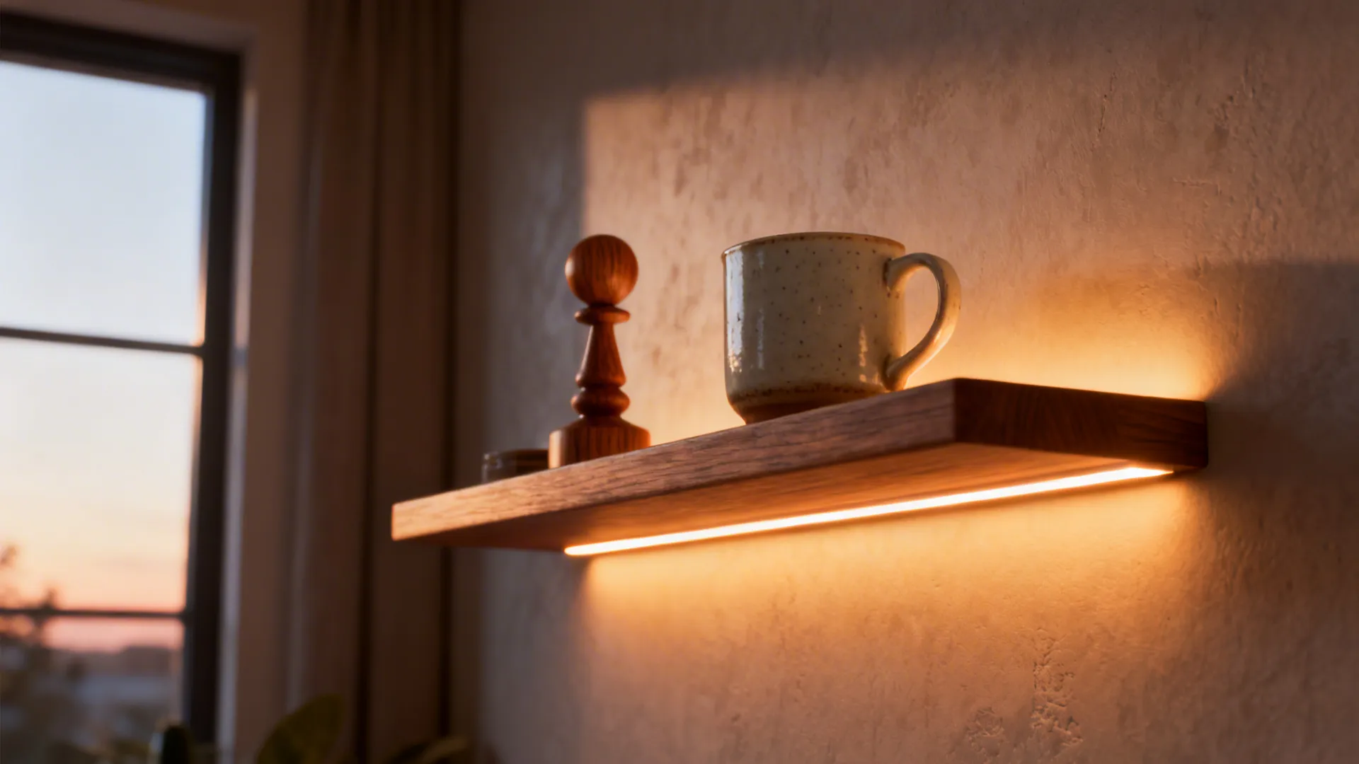 Close up of floating wooden shelf with ceramic mug and warm yellow light strip detail