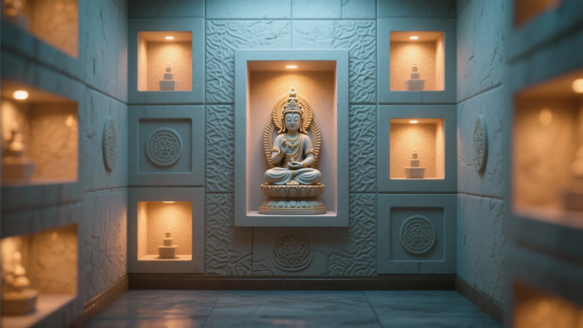 Modern indoor wall with multiple lit niches displaying small statues under soft warm yellow lights