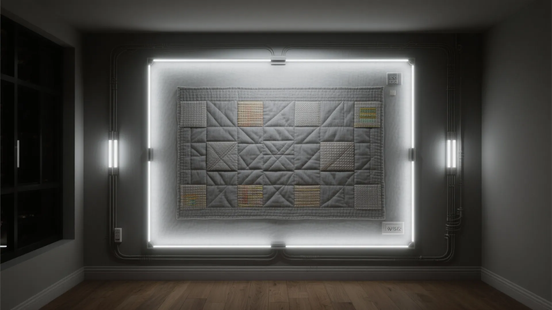 Quilted grey wall decoration framed by bright white light strips in a dark modern room