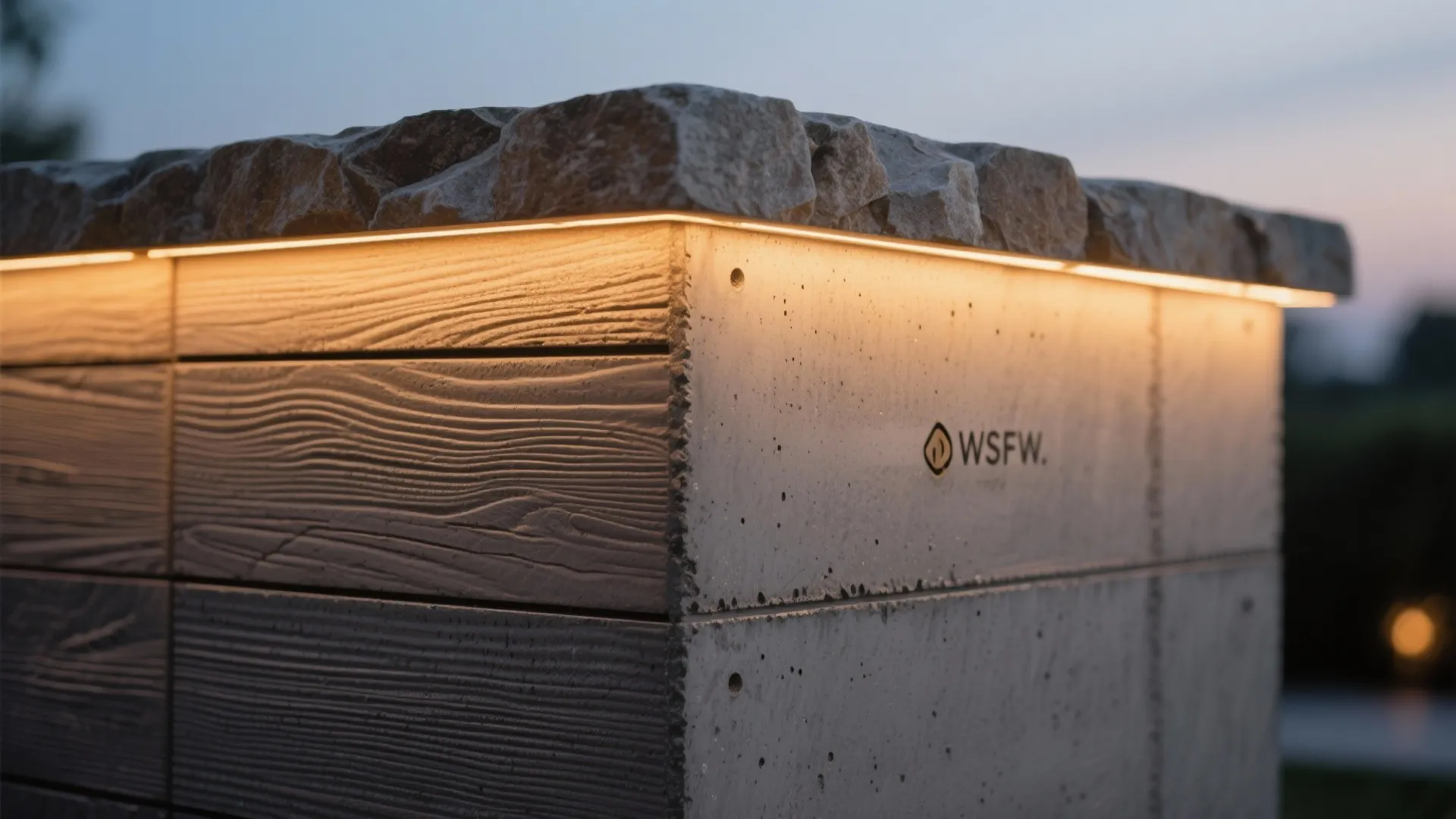 Close up of a concrete wall with stone top and warm integrated yellow outdoor lighting