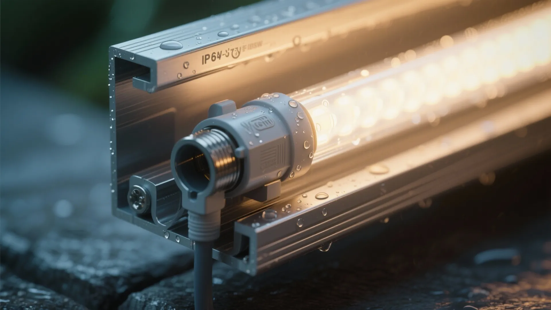 Close up of waterproof outdoor light fixture with water drops on metal housing and warm light