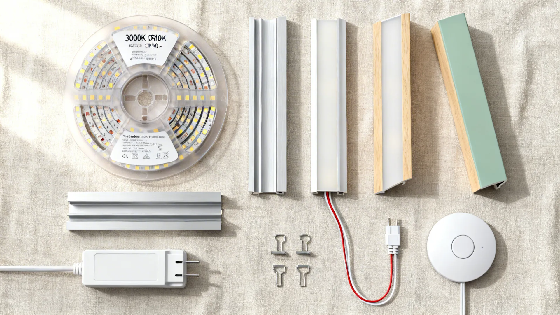 Top-down layout of LED tape, aluminum channels with diffusers, driver, and connectors for under-cabinet lighting.