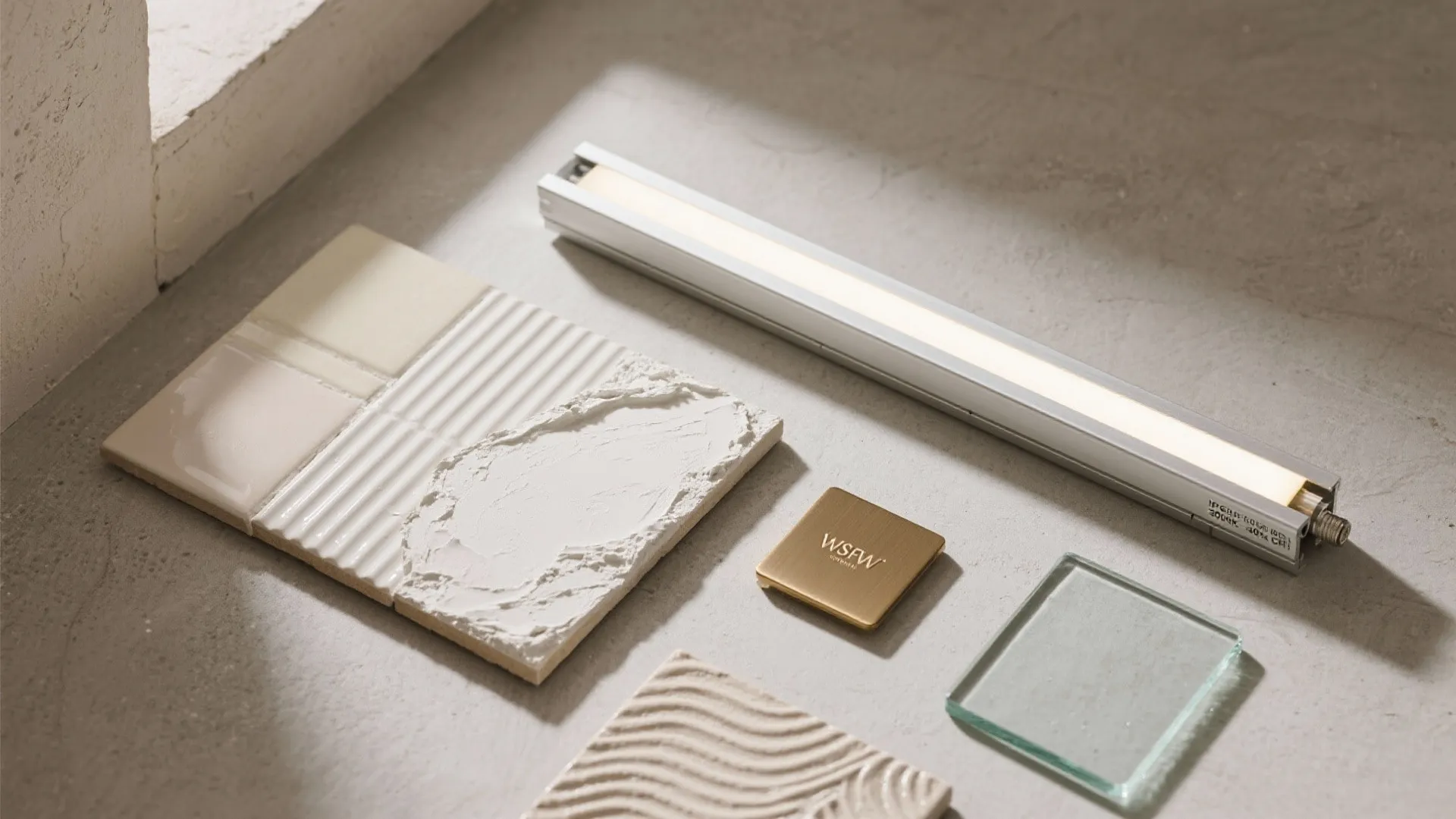 Collection of interior design materials featuring a light fixture, textured tiles, gold sample, and glass
