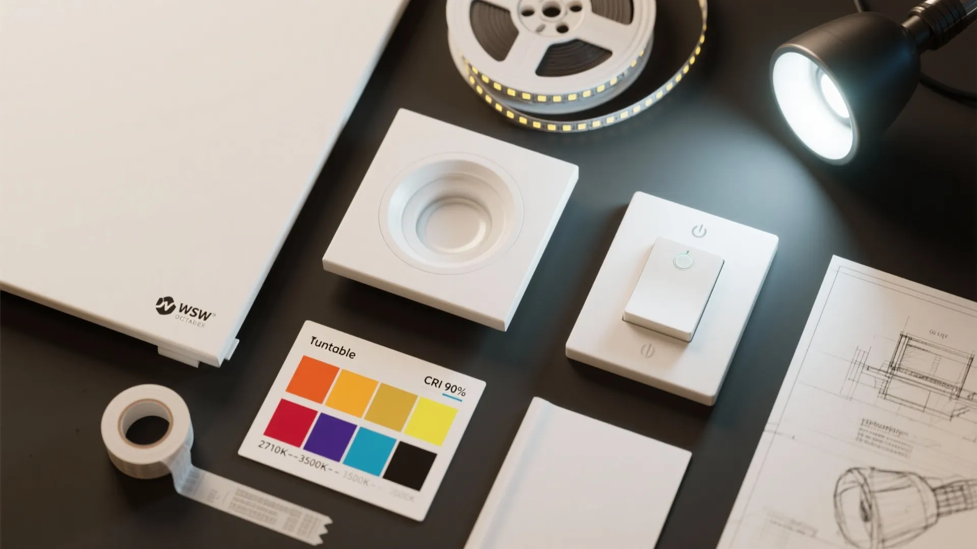 Collection of light fixture parts including strip lights plus color palette and interior design drawing