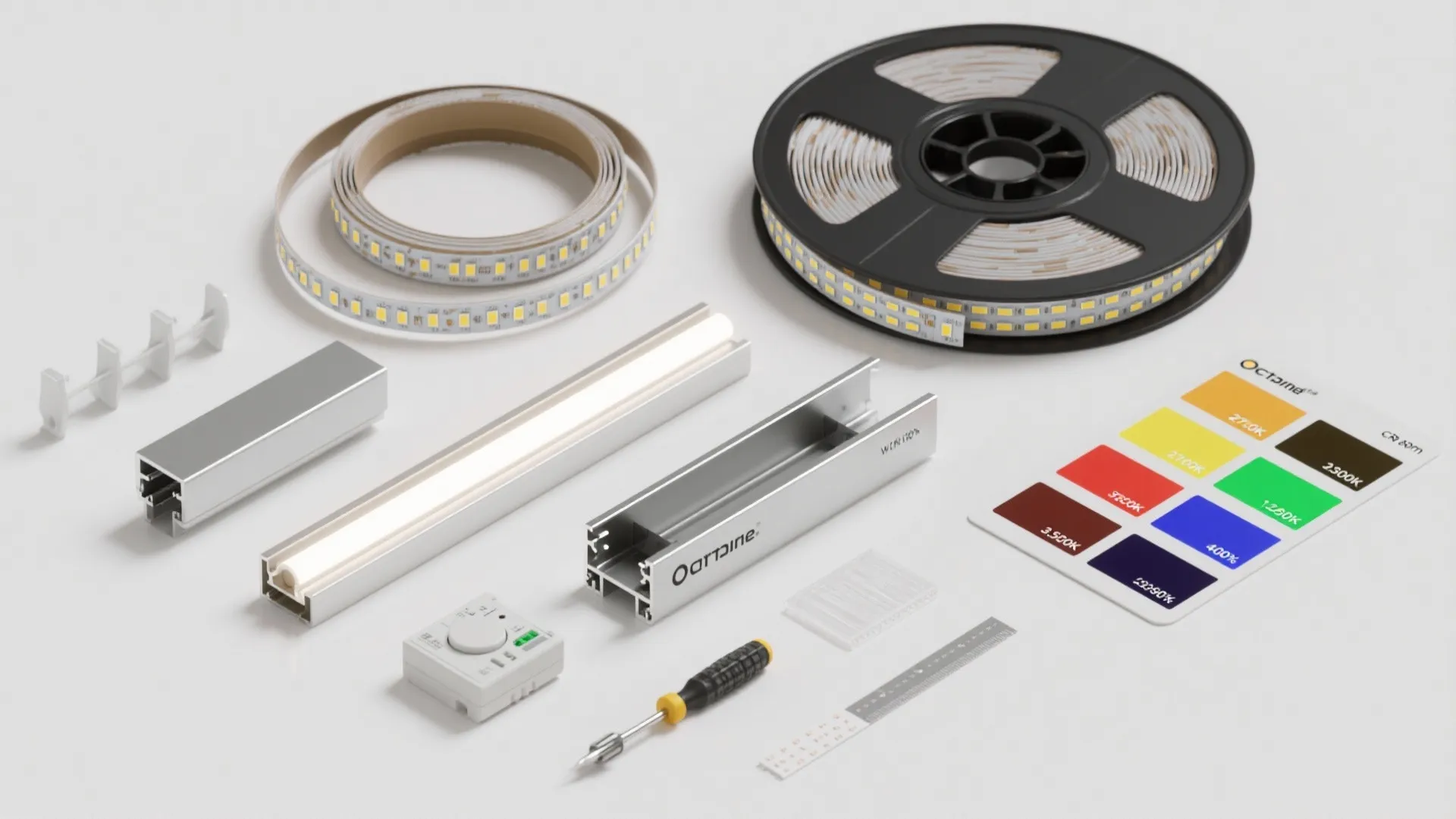 Flatlay of LED tape reels, aluminium channels, dimmer, CRI swatches and color temperature samples for installations.