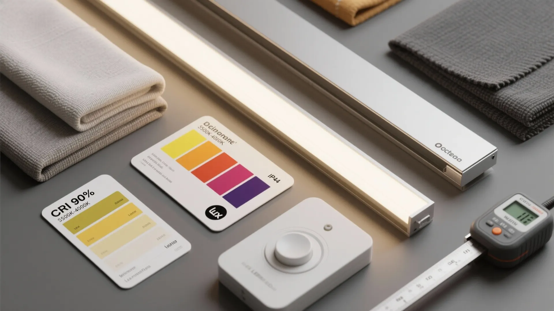 Flatlay of LED samples, color temperature swatches, CRI and IP icons for laundry lighting choices