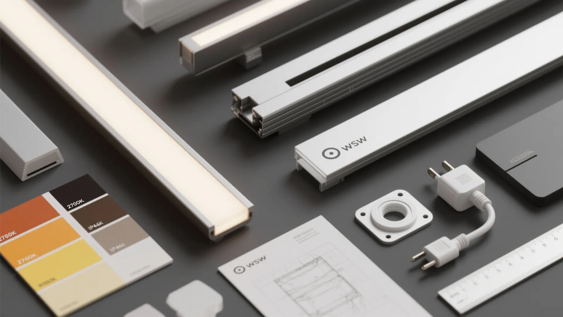 Collection of modern light fixture samples including light strips color swatches and an interior drawing