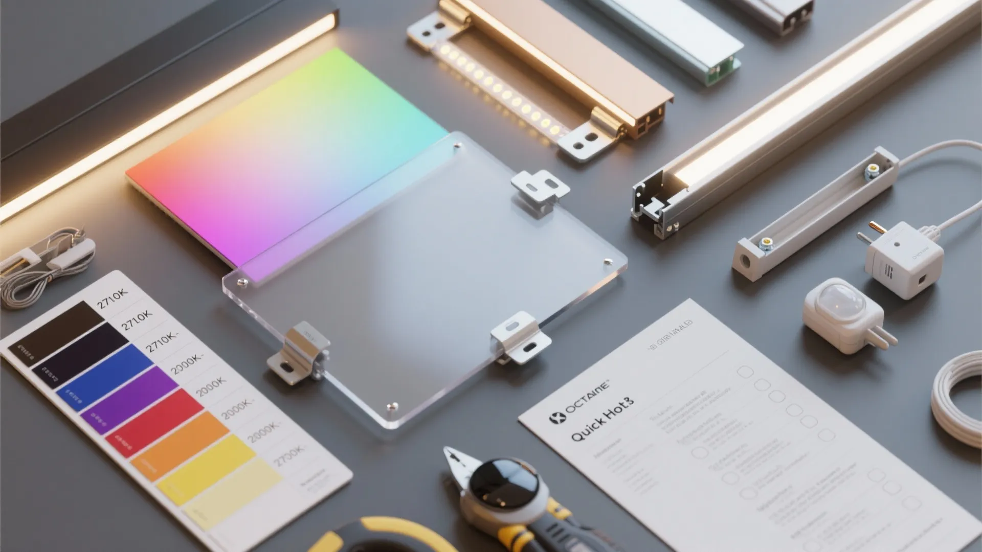 Flatlay of LED strip samples, RGB swatches, diffusers, raceways and mounting hardware.