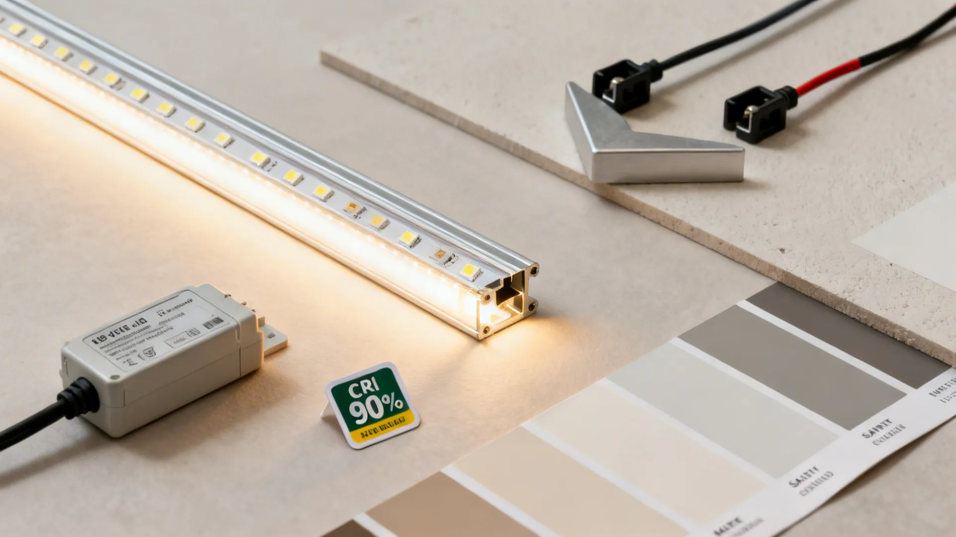 Flat lay of LED strip, aluminum channel with diffuser, clips, and satin paint swatches for a clean install.