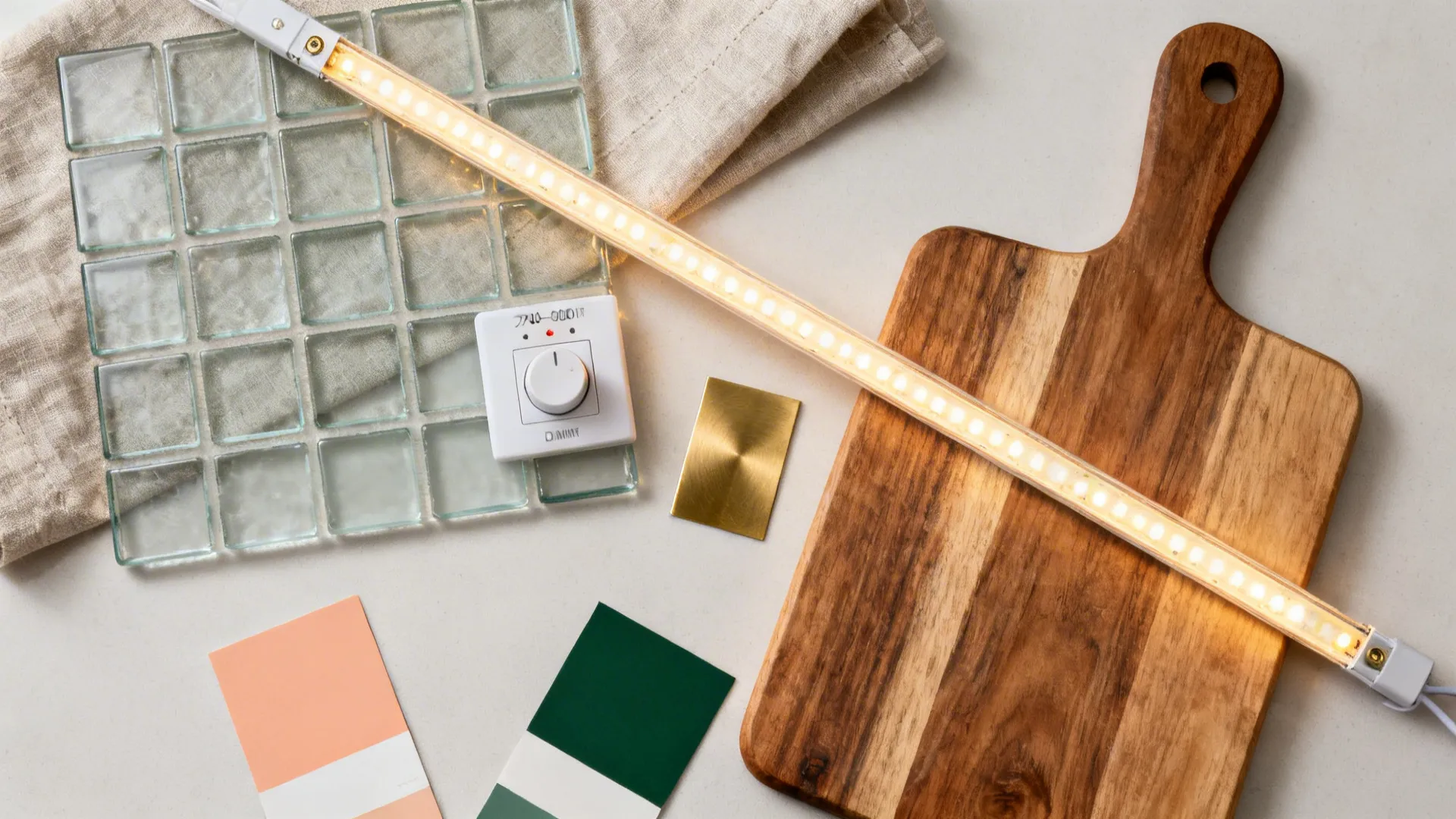 Flat lay of glass tile, warm LED strip with dimmer, brass, linen, wood, and peach-green color chips.