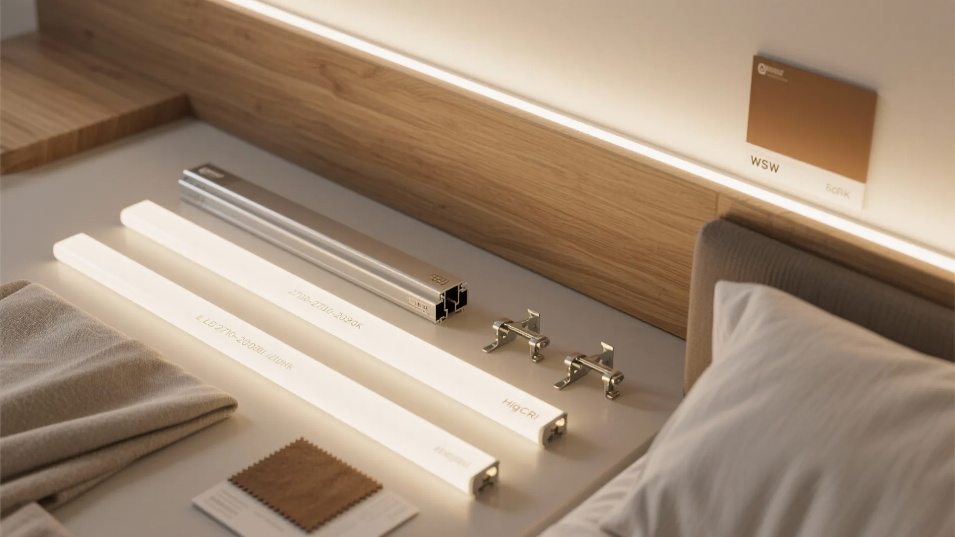 Led light strips metal tracks and small mounting brackets arranged on a clean white desk surface