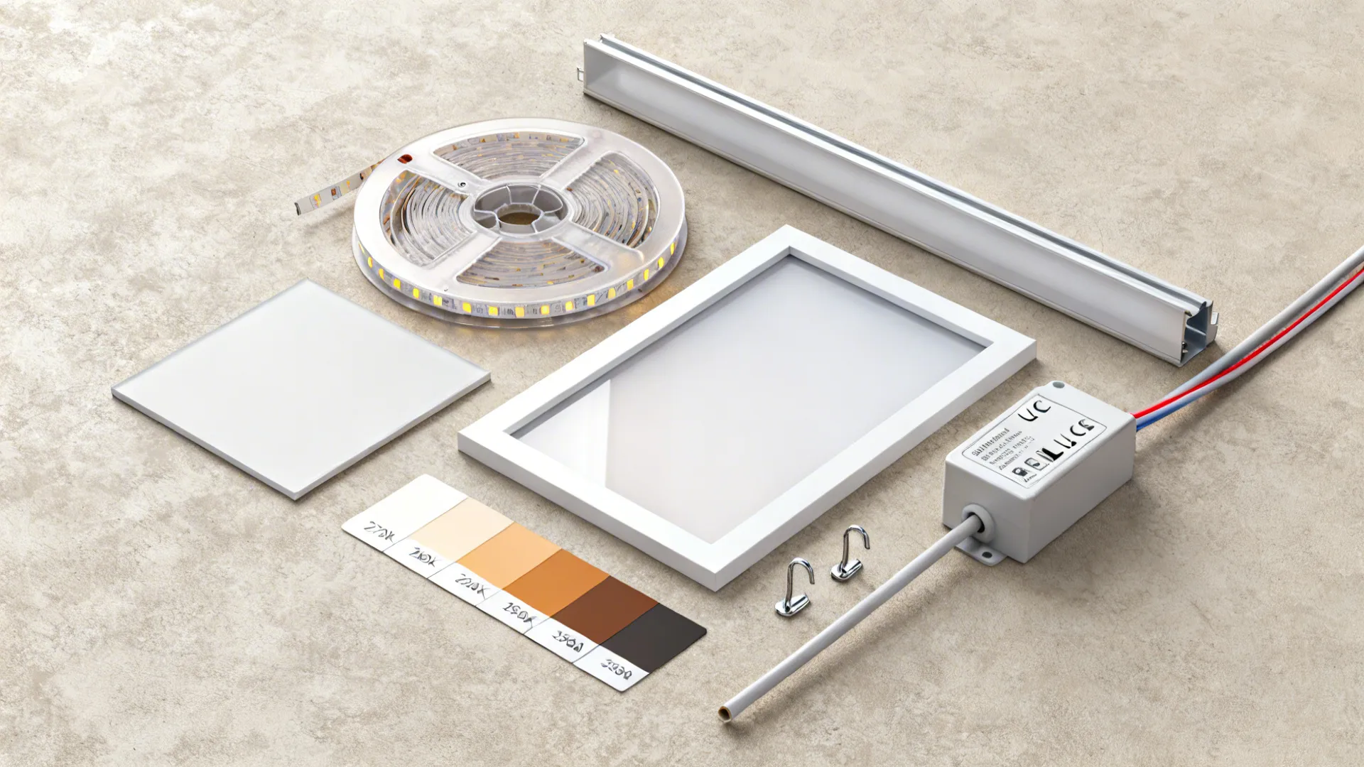 Flatlay of LED strips, modular panel sample, mounting hooks, cable channels, and color temperature swatches.