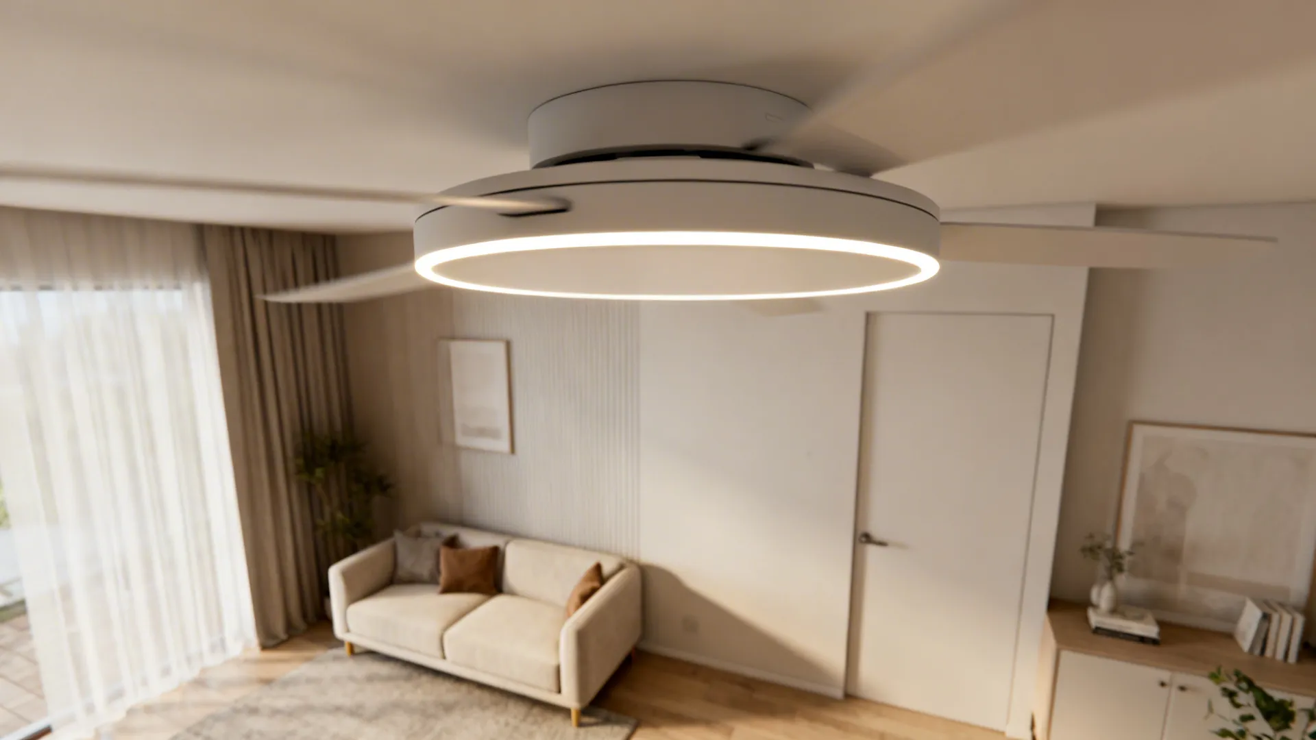 Modern white ceiling light with fan blades in minimalist living room with sofa and cabinet
