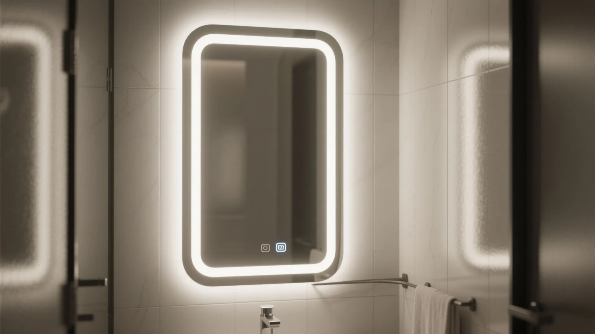 Modern bathroom with glowing LED wall mirror above white sink and metal towel rack fixture