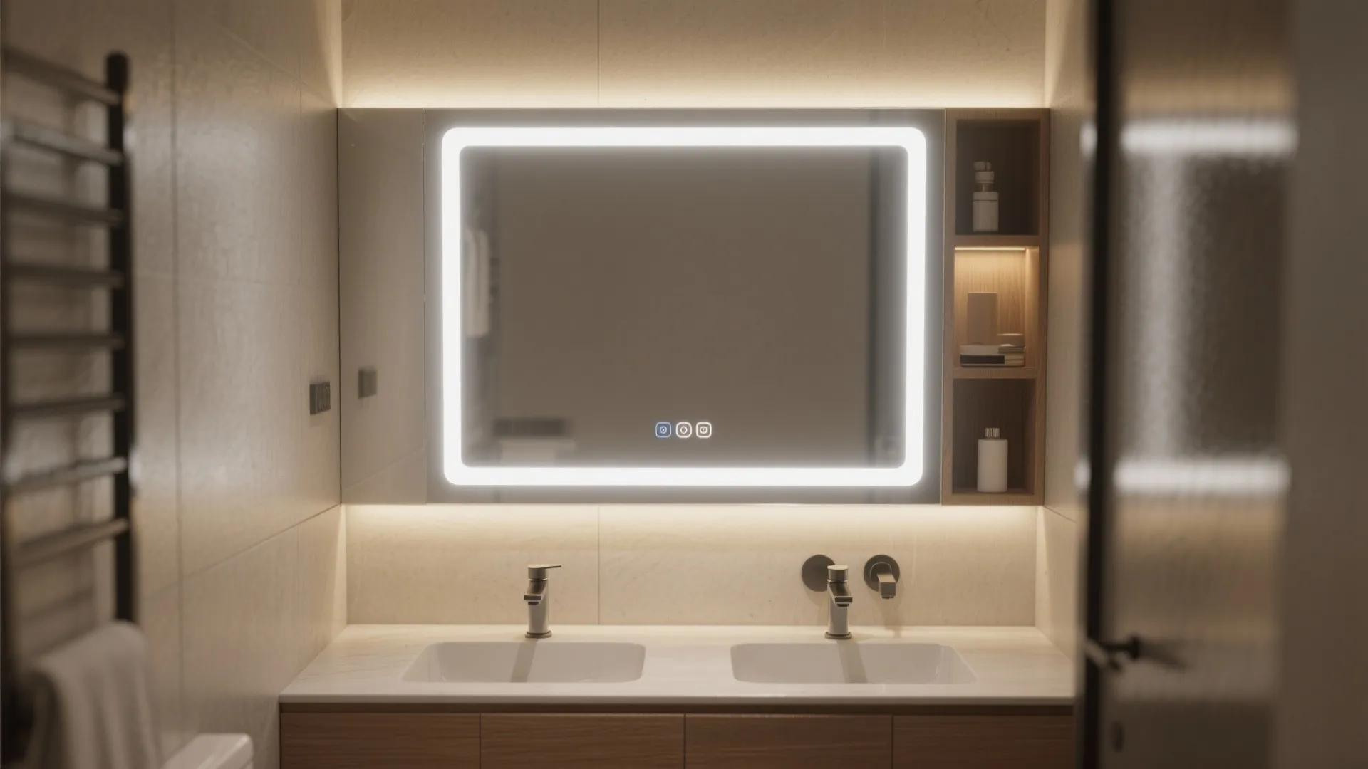4. Integrated mirror lighting above a 2-hole faucet vanity