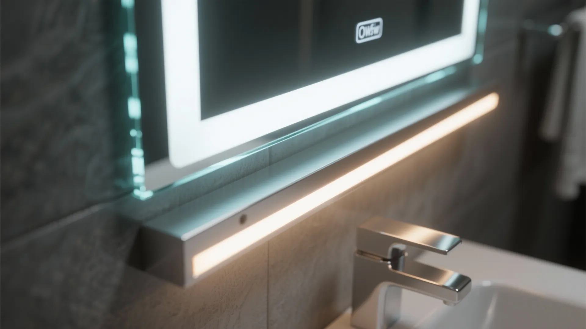 Close-up of a slim integrated LED bar on a mirror edge with diffused light
