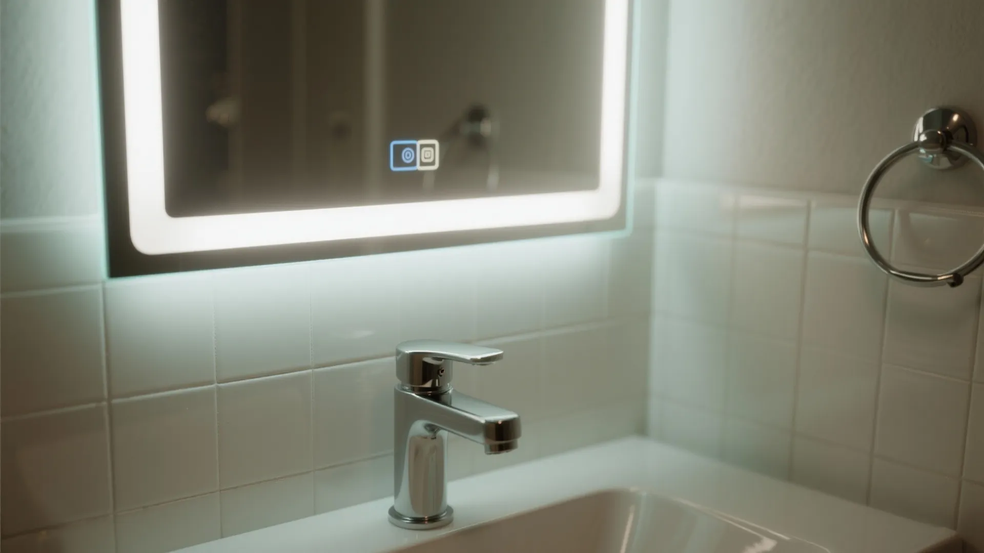 Modern bathroom with a glowing smart mirror above a white sink and chrome water faucet