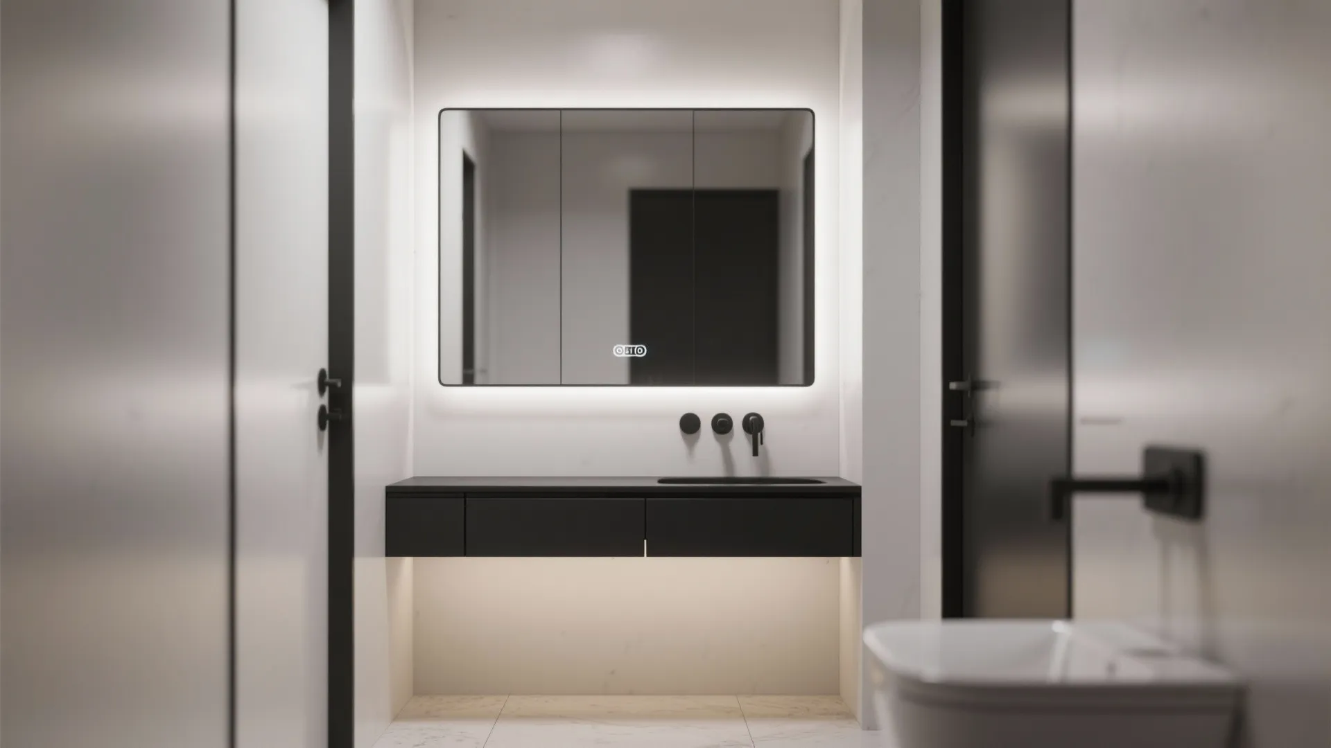 Modern bathroom with glowing wall mirror black cabinet vanity simple black faucets and white walls