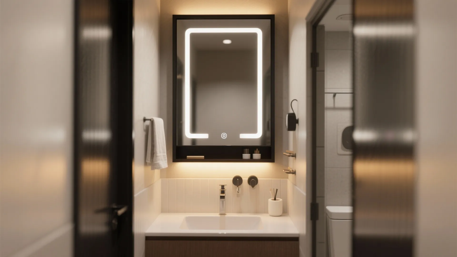 5. Black Minimalist LED Mirrors and Integrated Fixtures