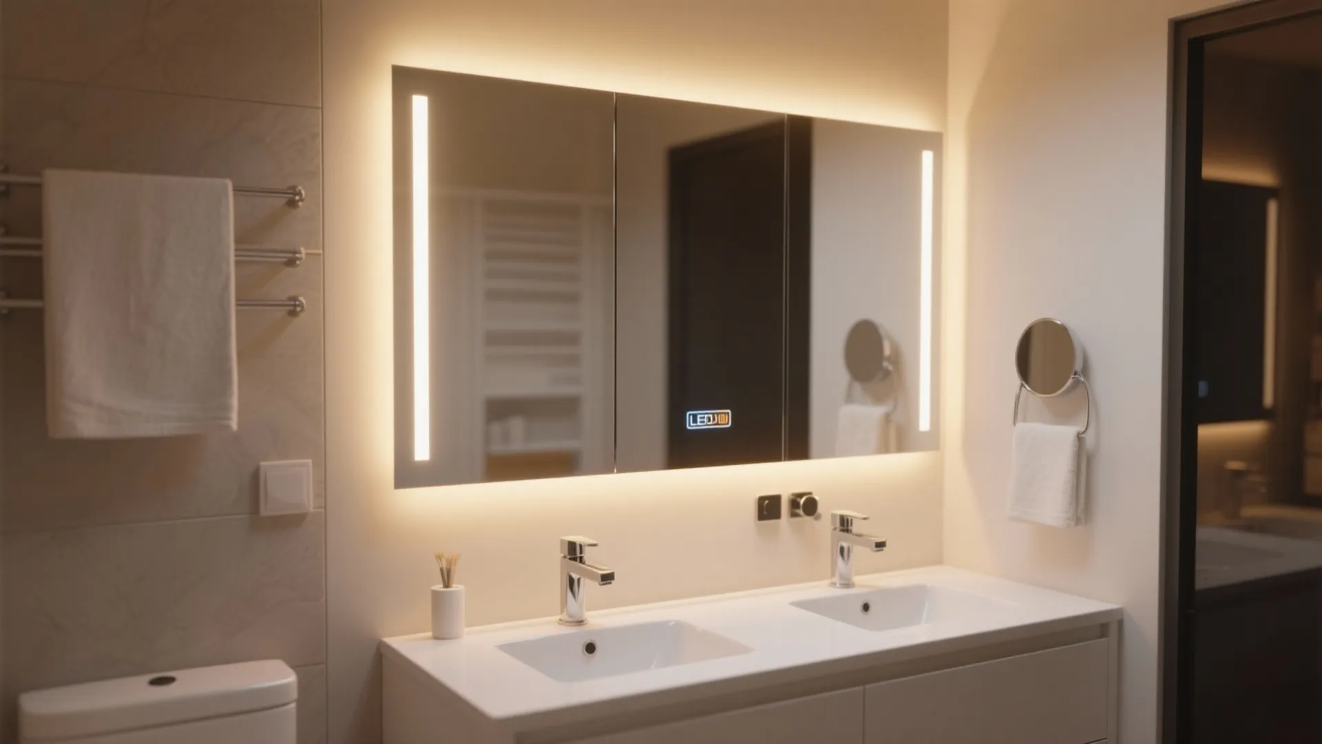 Modern double sink vanity featuring a large mirror with built in lights and touch screen