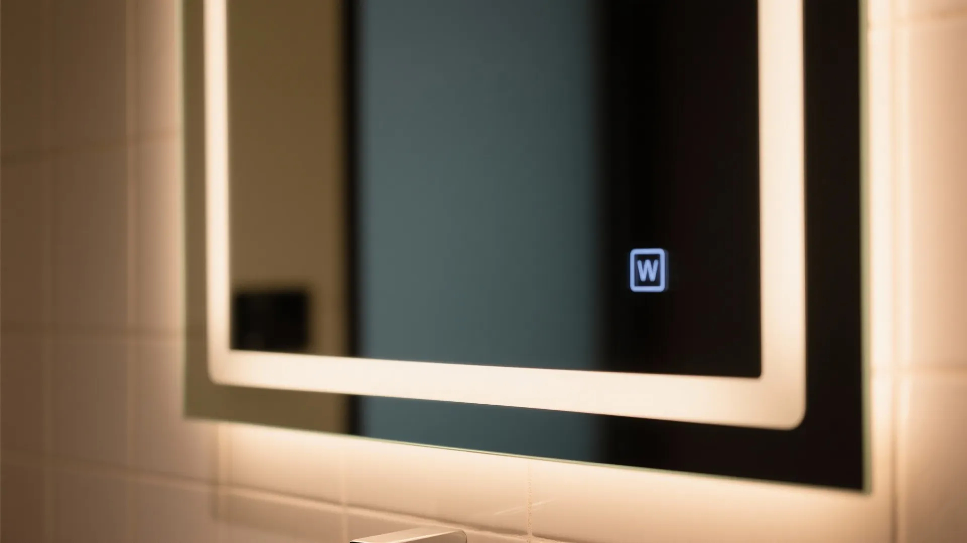 Close up of bathroom mirror with built in light strip and small digital touch button