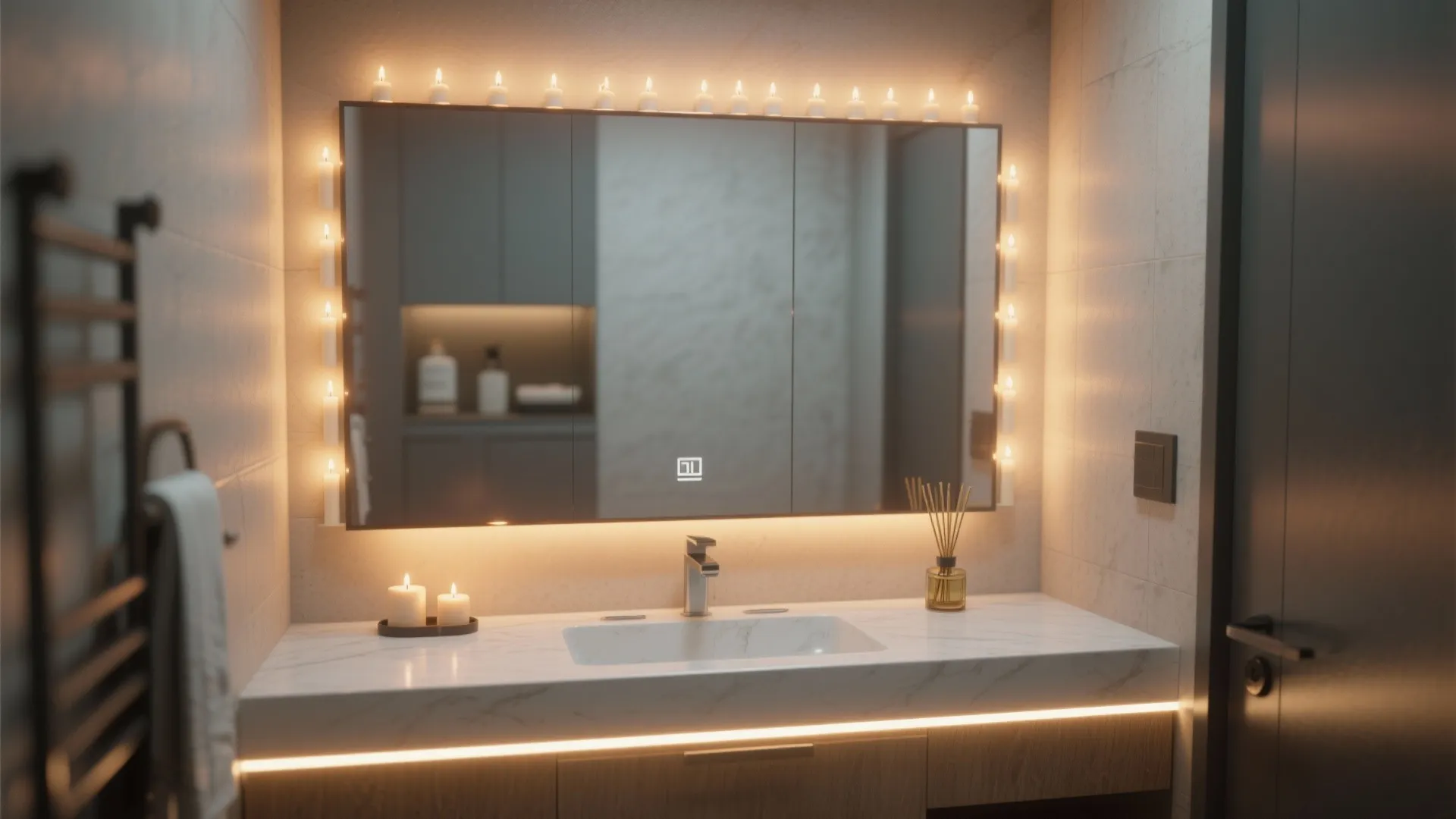 Modern bathroom vanity with a large lit mirror white marble counter and small warm burning candles