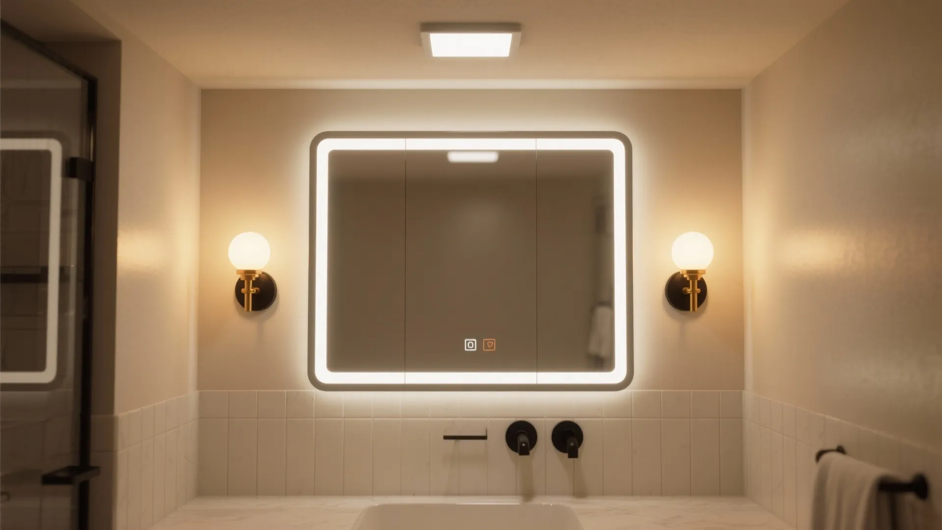 LED backlit mirror with warm sconces and a minimal ceiling light creating flattering layered lighting in a compact bathroom.