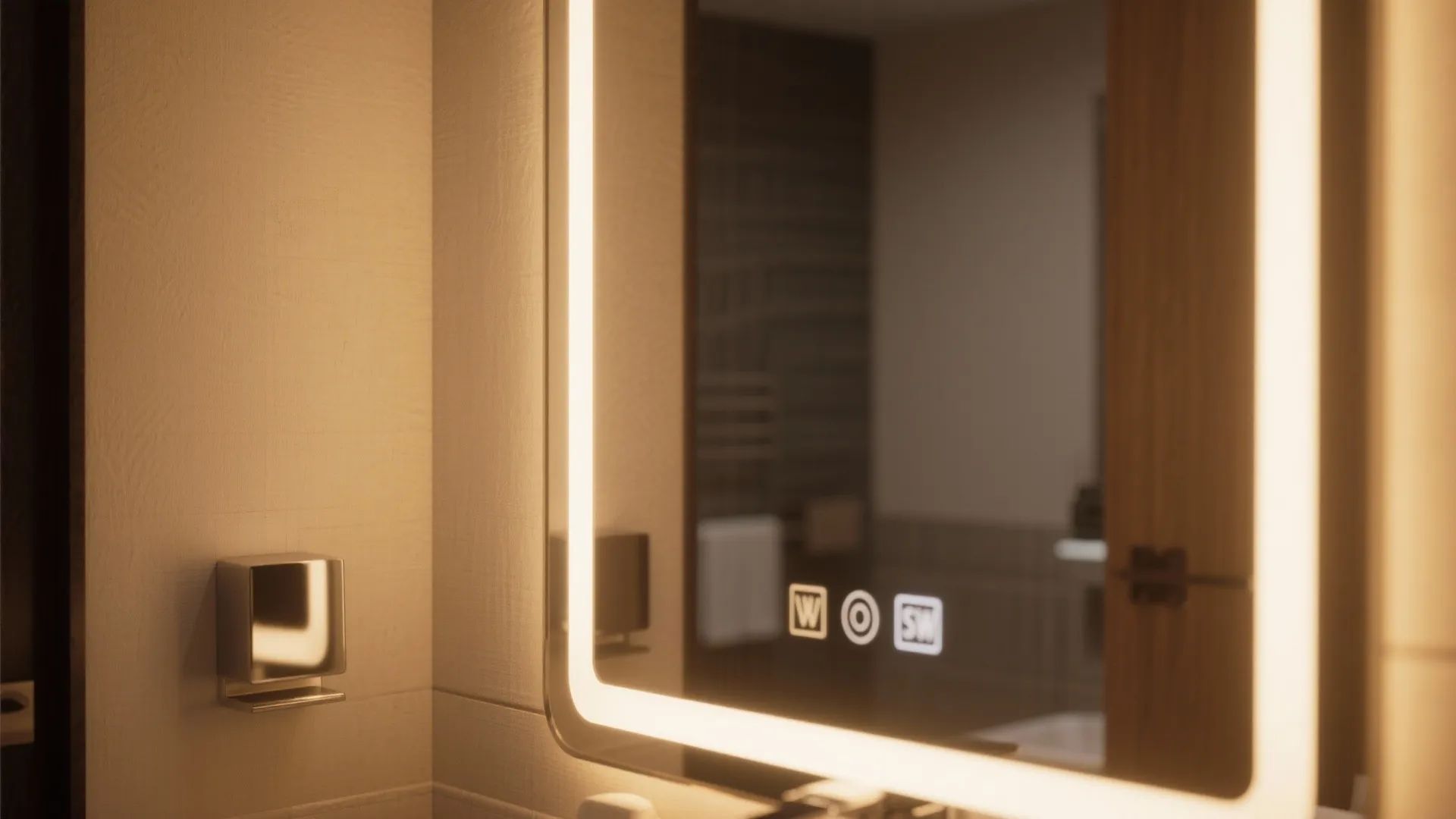 Bathroom mirror with glowing light edge and touch control buttons on a white textured wall