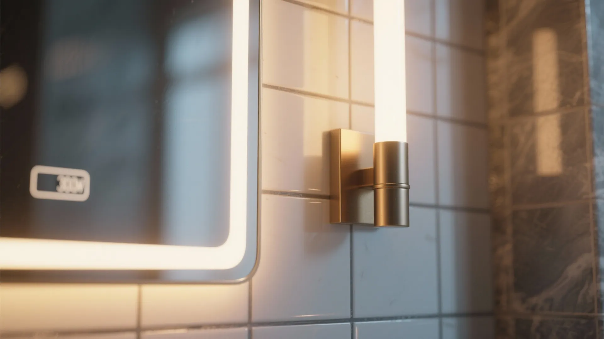 Brass wall light fixed to white tiles next to a glowing led mirror in bathroom
