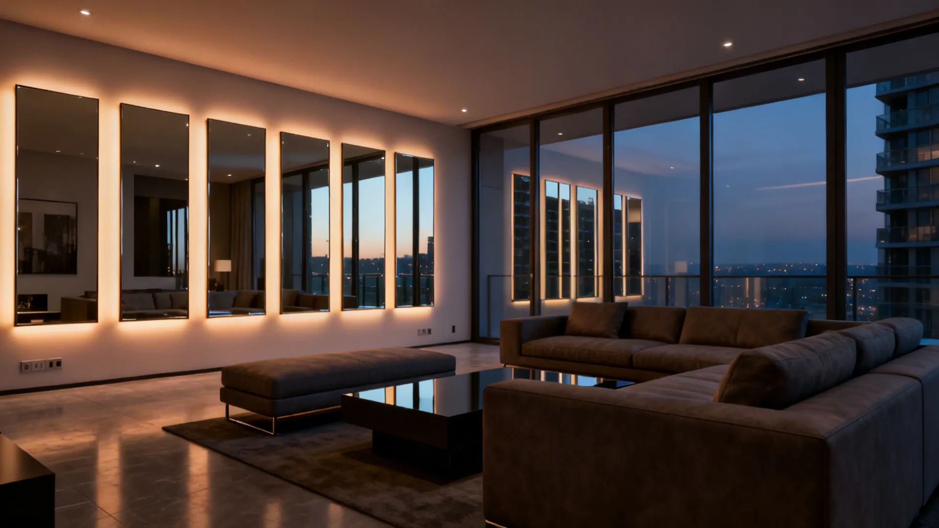 Modern mirrored gallery wall with integrated LED backlighting creating ambient depth in a condo living room