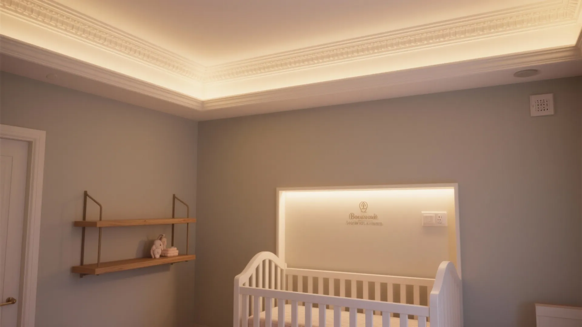 Recessed LED strip along crown molding casting soft even wash in a small nursery.