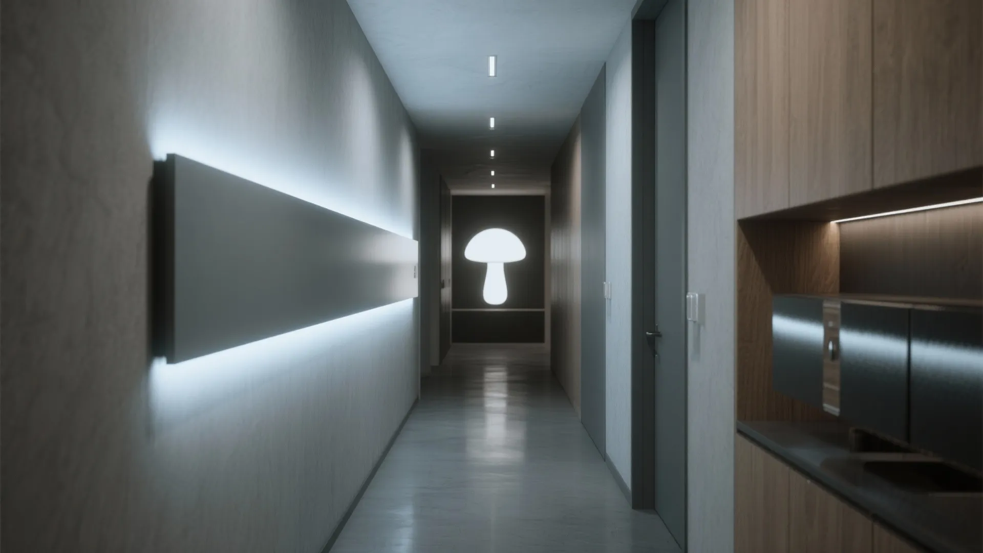 Long narrow hallway with glowing blue wall light panel and a bright mushroom shape end