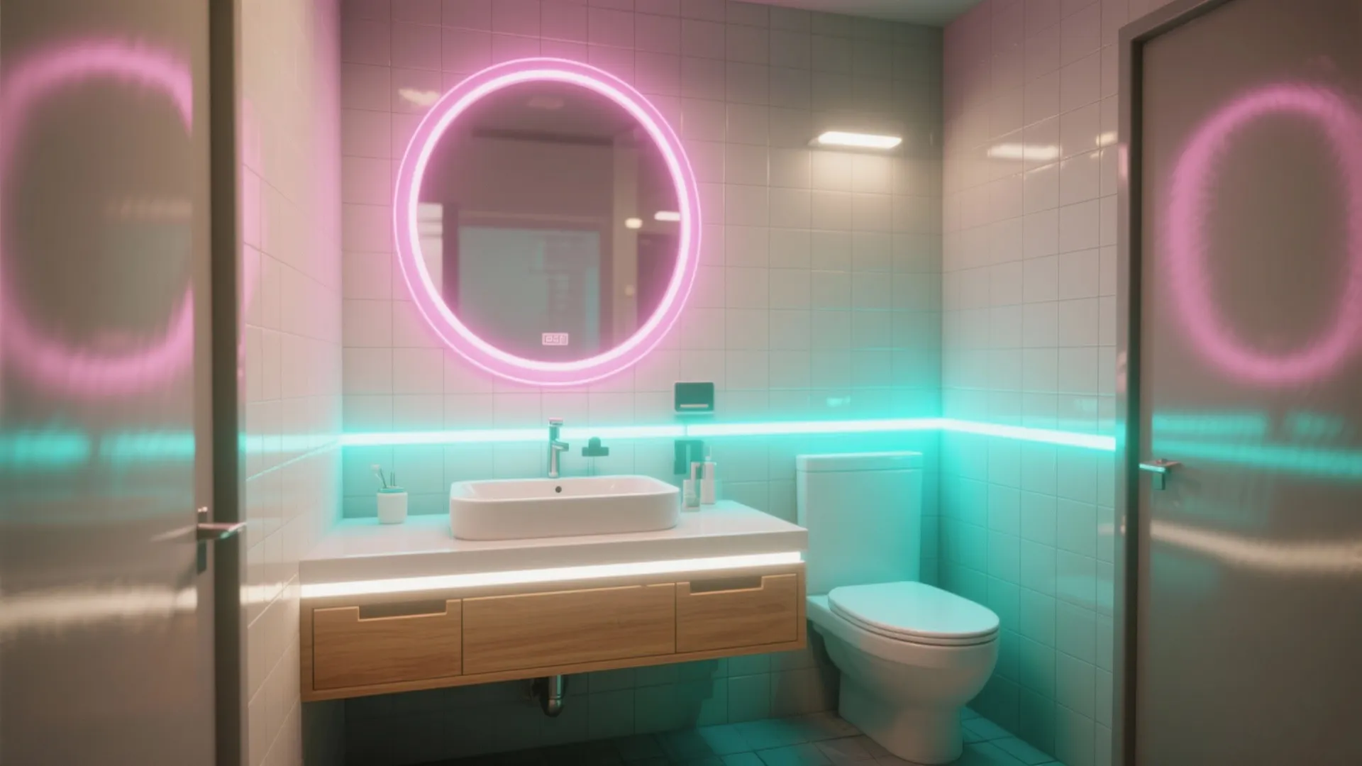 Compact bathroom with warm under-vanity LEDs and a soft pink neon outline behind a round mirror, creating layered light.