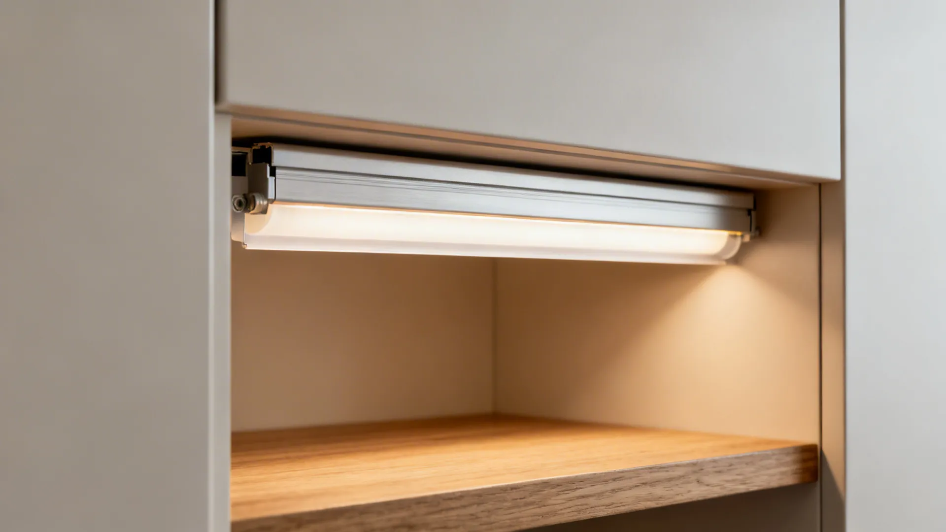 Macro detail of an LED-diffused open niche with matte finish and precise joinery.