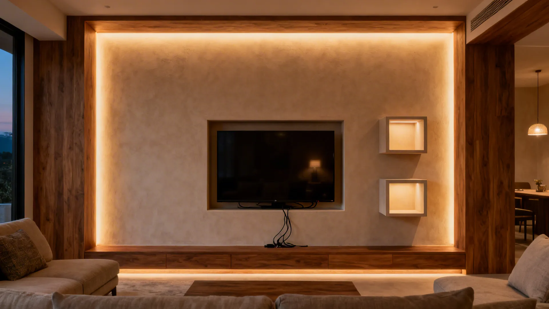 Recessed TV niche with warm LED perimeter and staggered display cubes.