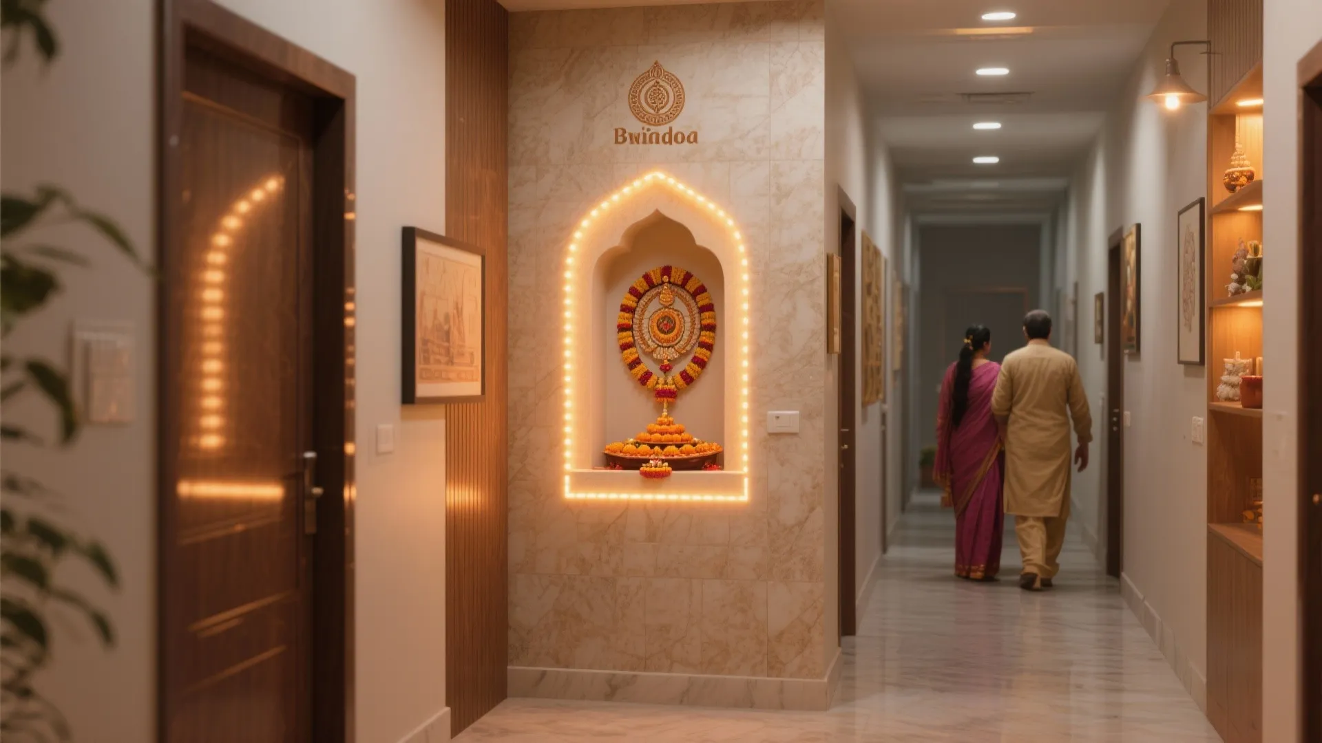 Marble wall niche with glowing lights in a hallway featuring a couple walking near doors