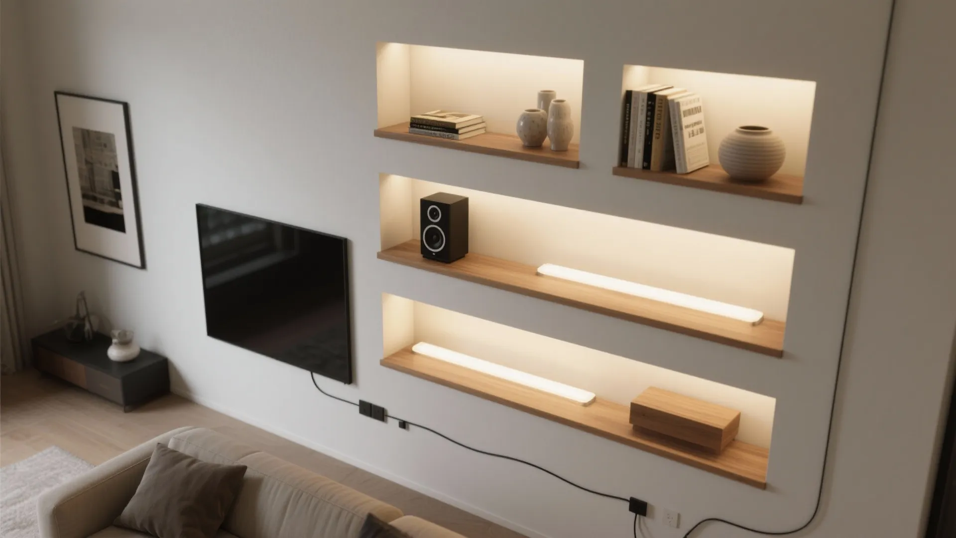 Top-down view of a living room wall with built-in niches and LED floating shelves, warm glow and clean, organized layout.