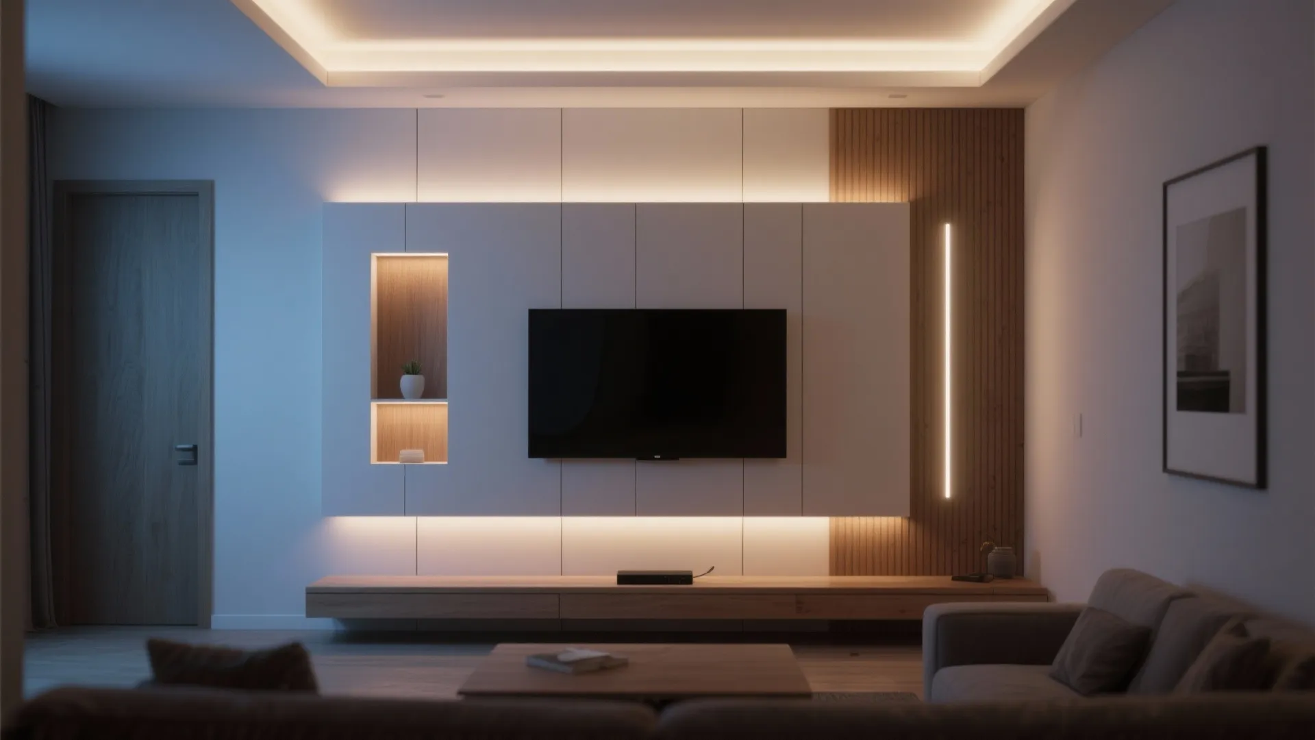 Living room interior design with wall lights around television wooden panels and cozy warm sofa seating
