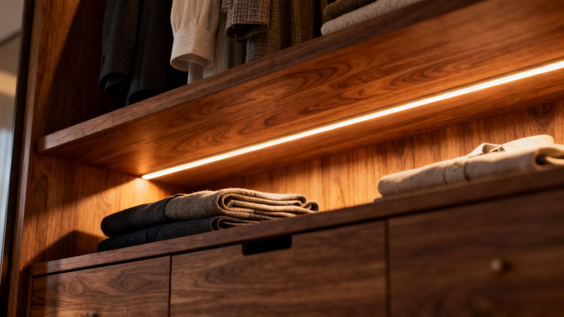 Close-up of warm LED strip lighting under oak shelves highlighting folded garments and wood grain.
