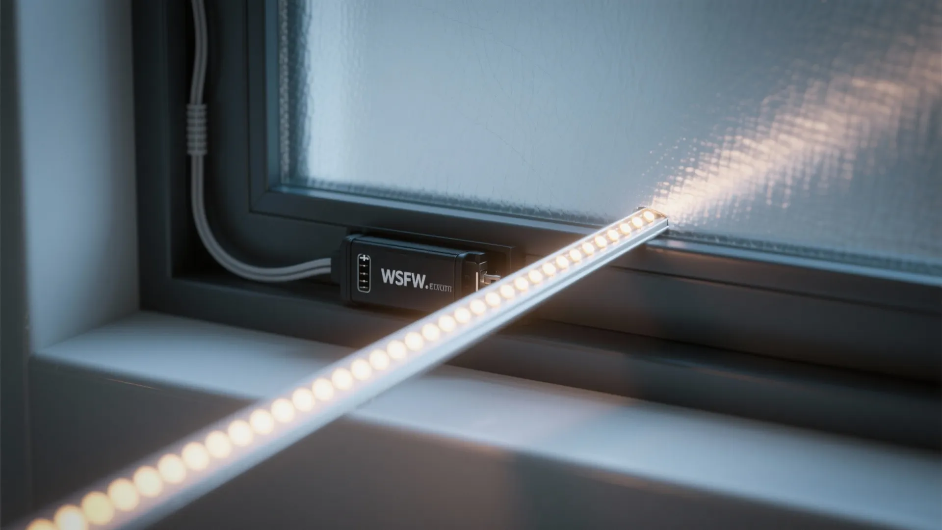 Close up of a warm led light strip attached to a window frame with black connector