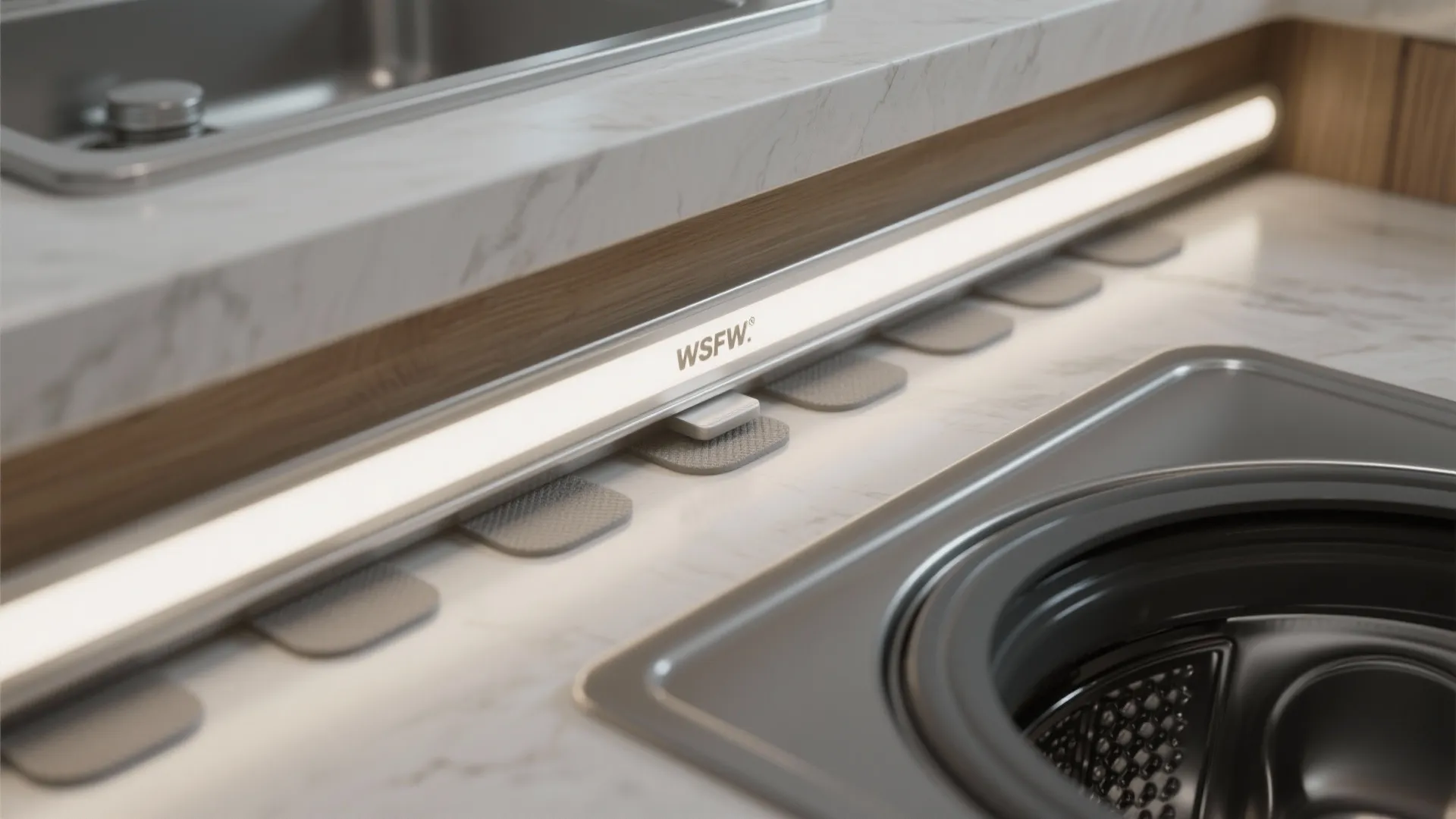 White light fixture installed under a marble countertop near a metal sink in a laundry