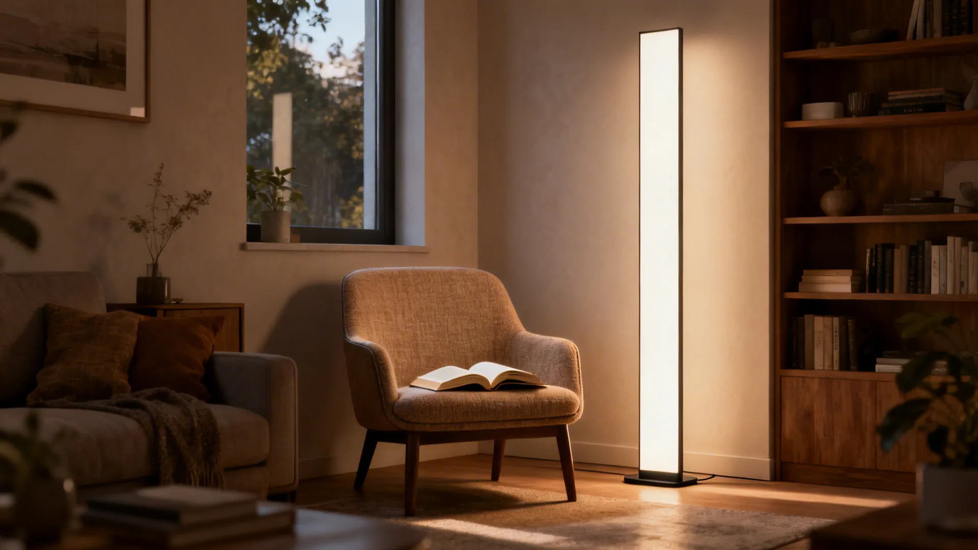 LED panel floor lamp providing even, glare-free light in a cozy small living room