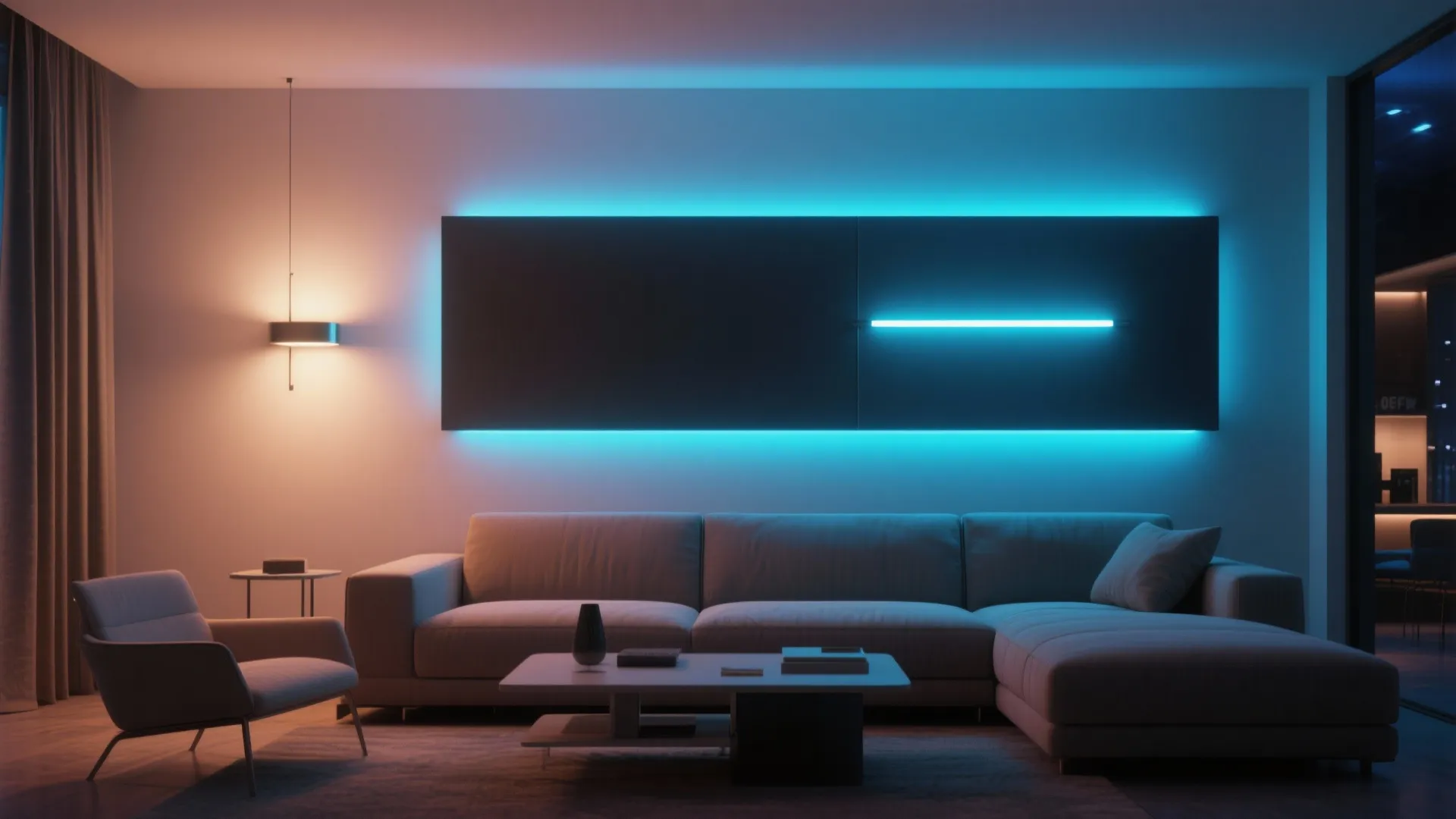 LED backlit wall panel sconce in futuristic living room